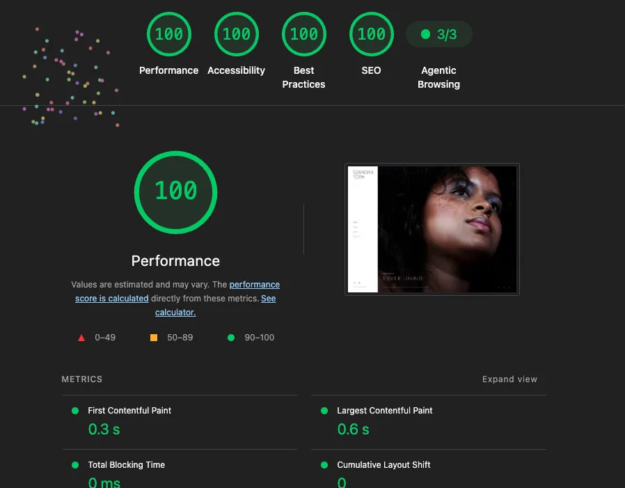 Lighthouse report for the Szandra Tóth Makeup home page showing scores of 100 for Performance, Accessibility, Best Practices and SEO, 3 out of 3 for Agentic Browsing, a First Contentful Paint of 0.3 seconds, a Largest Contentful Paint of 0.6 seconds, Total Blocking Time of 0 ms and Cumulative Layout Shift of 0