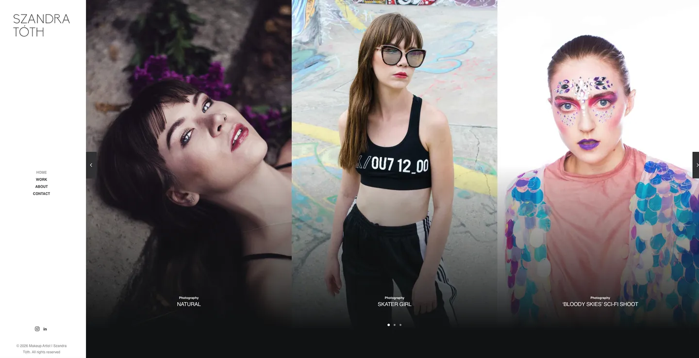 The old WordPress home page on desktop: a narrow white sidebar with the name and menu, and three portrait photographs side by side in a slider, titled Natural, Skater Girl and Bloody Skies