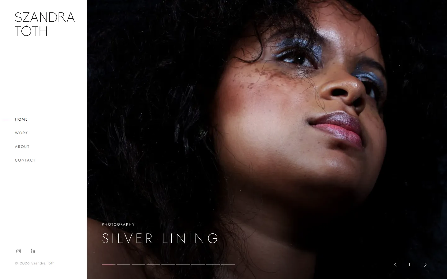 Home page of the Szandra Tóth Makeup website on desktop: a narrow white sidebar with the name and menu, and a full-height close-up portrait slide titled Silver Lining